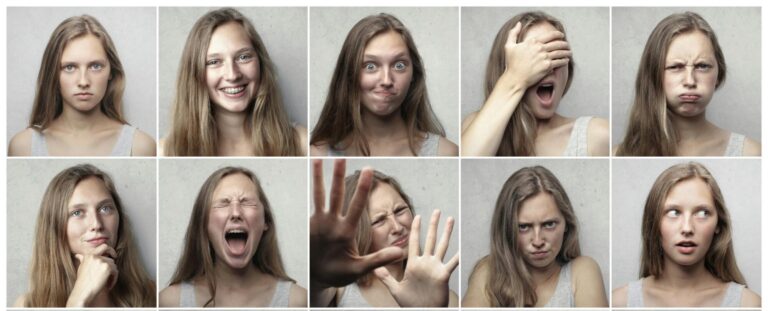 Multiple portraits showcasing various facial expressions and emotions of a young woman.